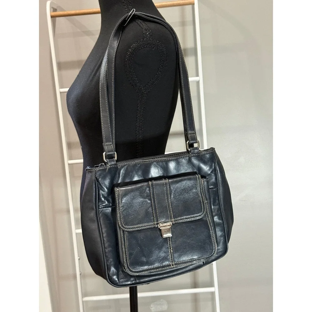 Vtg‎ Hush Puppies Black Leather Shoulder Bag  Y2K 90's Vintage Boho-Western